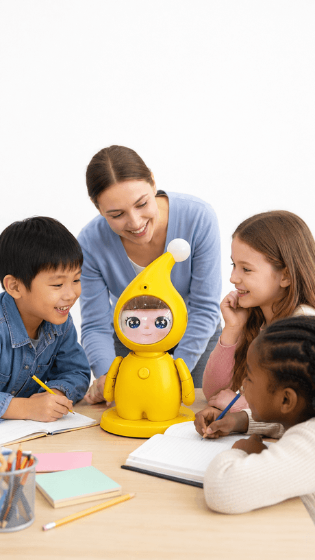 Concept image of a PatchX education robot in a school corridor